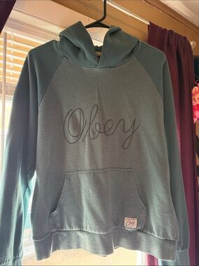 Obey Women's Teal Script Logo V-Neck Sweater